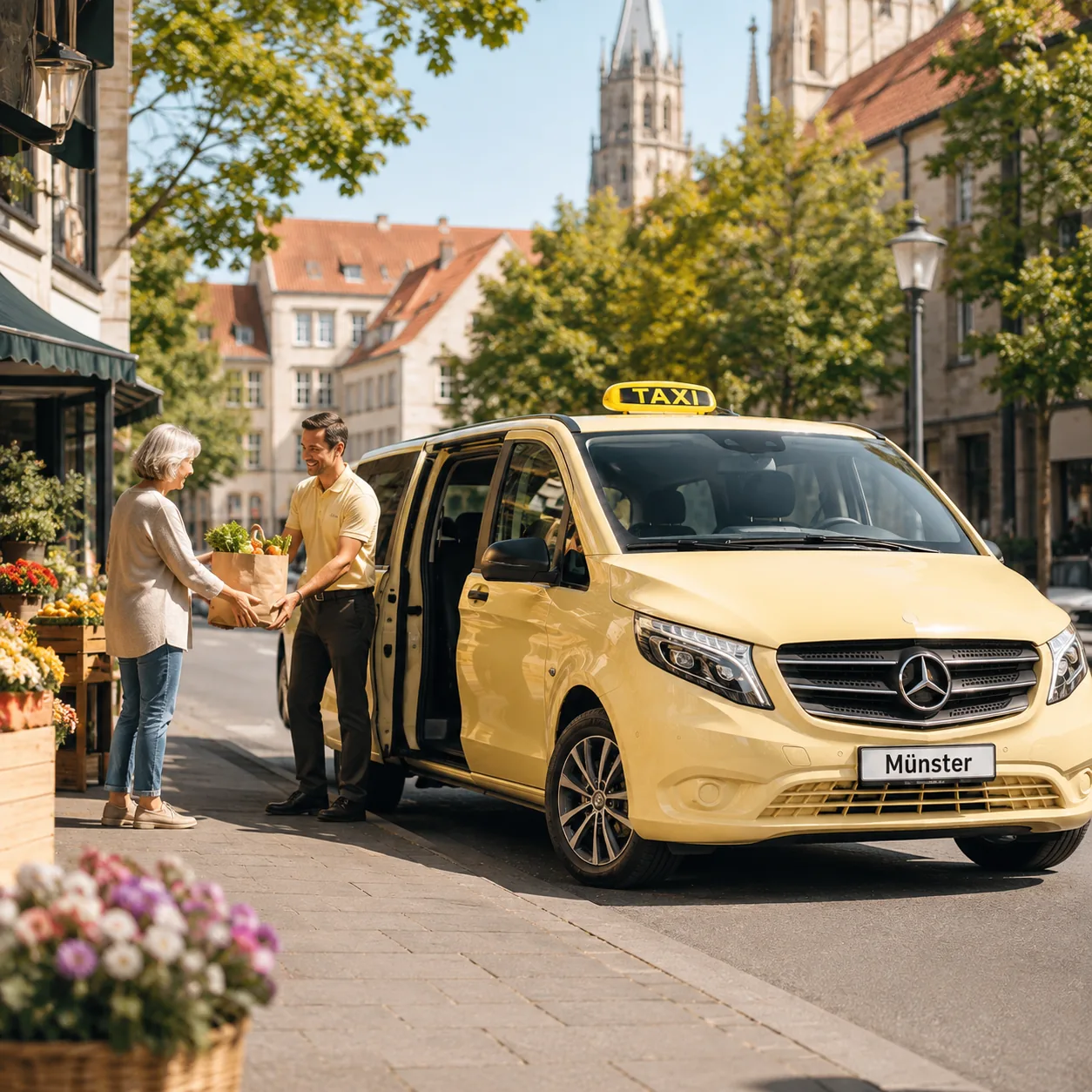 Fahrer übergibt einer Kundin eine Einkaufstasche am Taxi in Münster – Besorgungsfahrten
