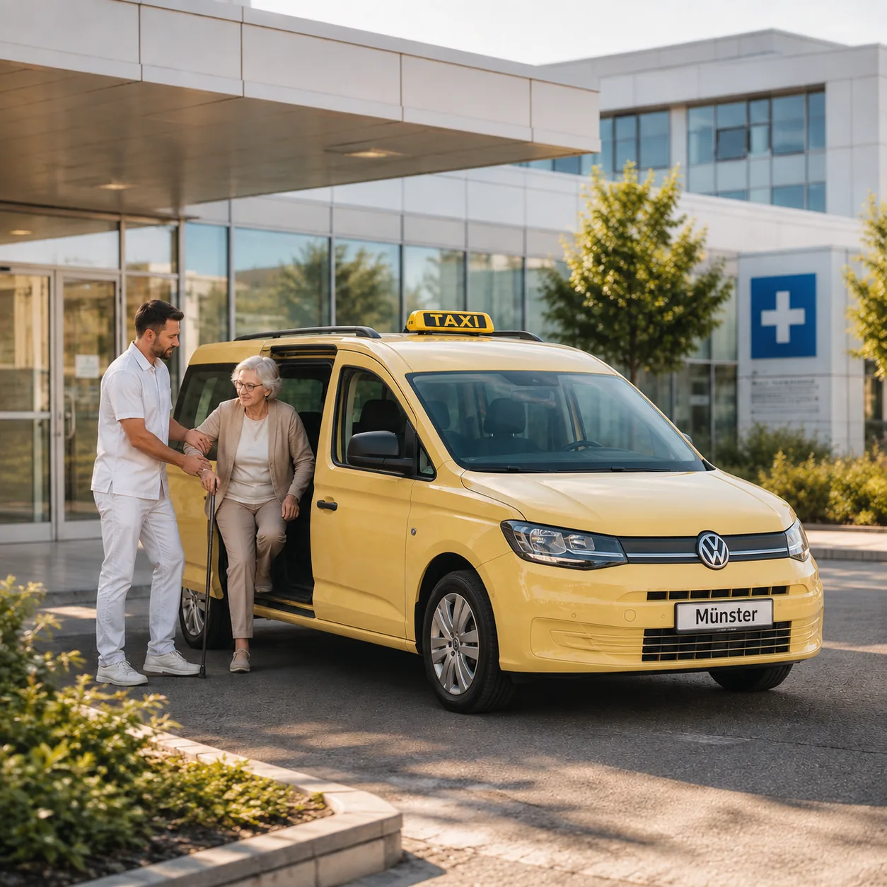 Fahrer hilft einer Seniorin am Krankenhaus aus dem Taxi – Krankenfahrten in Münster