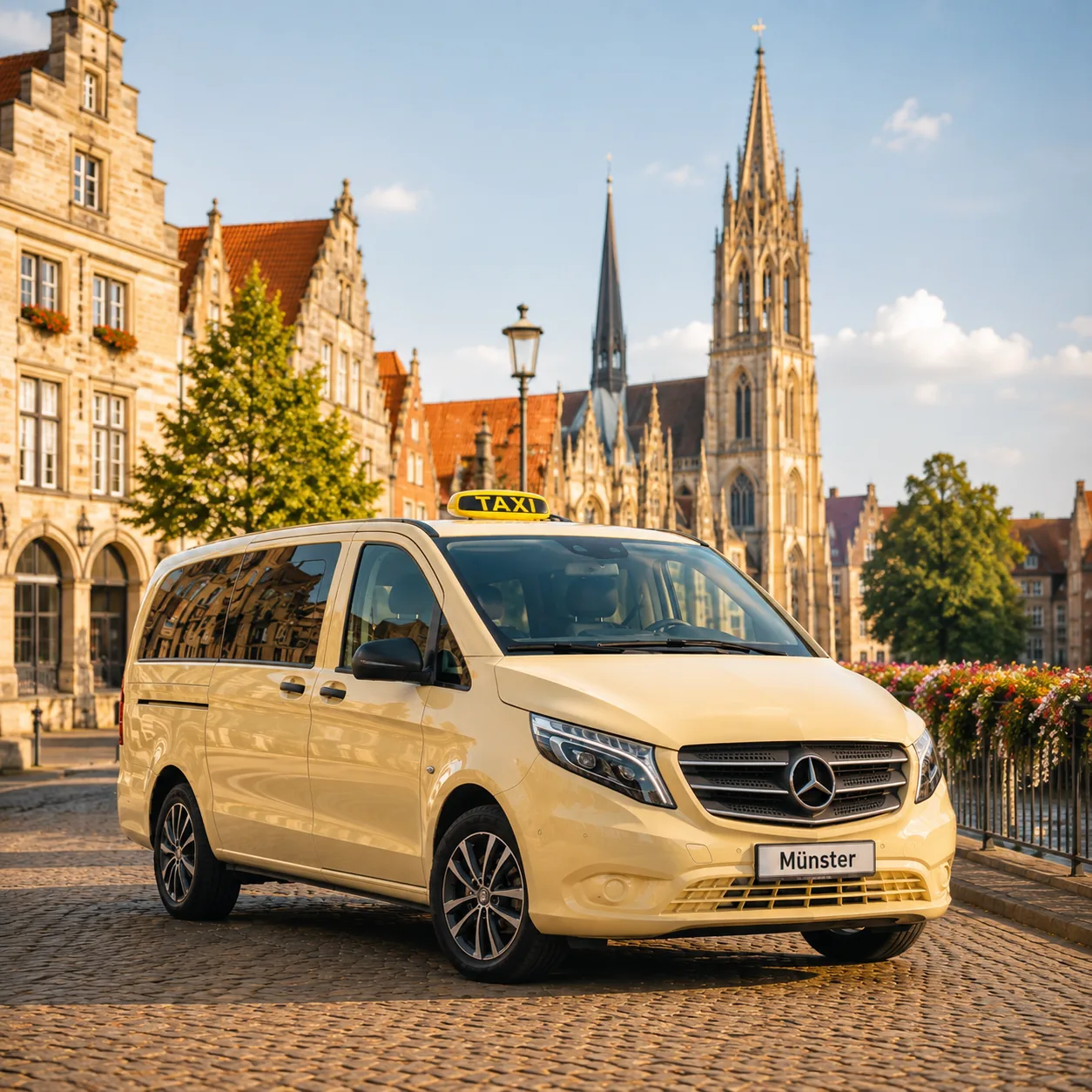 Taxi vor der Münsteraner Altstadt mit Kirchturm – Stadtrundfahrten in Münster
